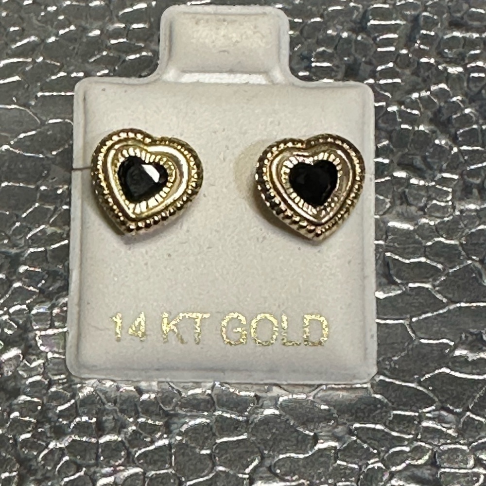 Gold Heart Earrings with Black Stone